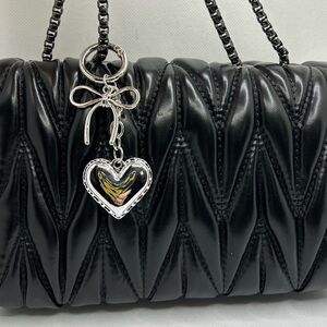 Bow & Dangling Heart Silver Bag Charm